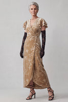 Load image into Gallery viewer, Velvet Champagne V-Neck Ruffled Floral Long Mother of the Bride Dress with Sleeves