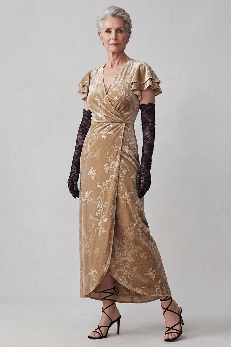 Load image into Gallery viewer, Velvet Champagne V-Neck Ruffled Floral Long Mother of the Bride Dress with Sleeves