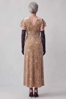 Velvet Champagne V-Neck Ruffled Floral Long Mother of the Bride Dress with Sleeves