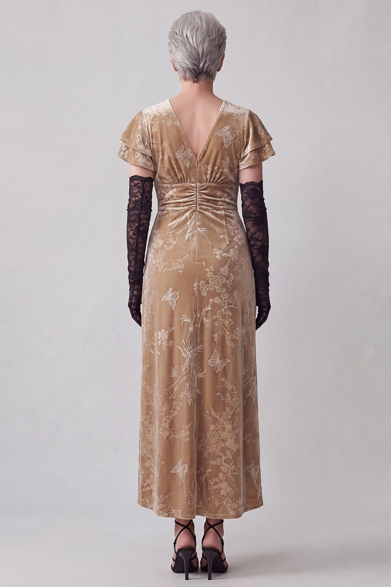 Load image into Gallery viewer, Velvet Champagne V-Neck Ruffled Floral Long Mother of the Bride Dress with Sleeves
