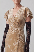 Load image into Gallery viewer, Velvet Champagne V-Neck Ruffled Floral Long Mother of the Bride Dress with Sleeves