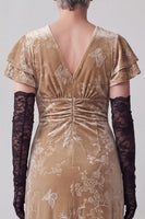 Load image into Gallery viewer, Velvet Champagne V-Neck Ruffled Floral Long Mother of the Bride Dress with Sleeves