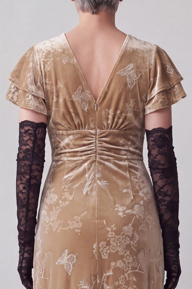 Load image into Gallery viewer, Velvet Champagne V-Neck Ruffled Floral Long Mother of the Bride Dress with Sleeves
