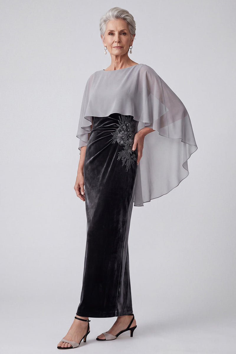 Load image into Gallery viewer, Black Velvet Sheath Sparkly Beaded Long 2 Piece Mother of the Bride Dress with Cape
