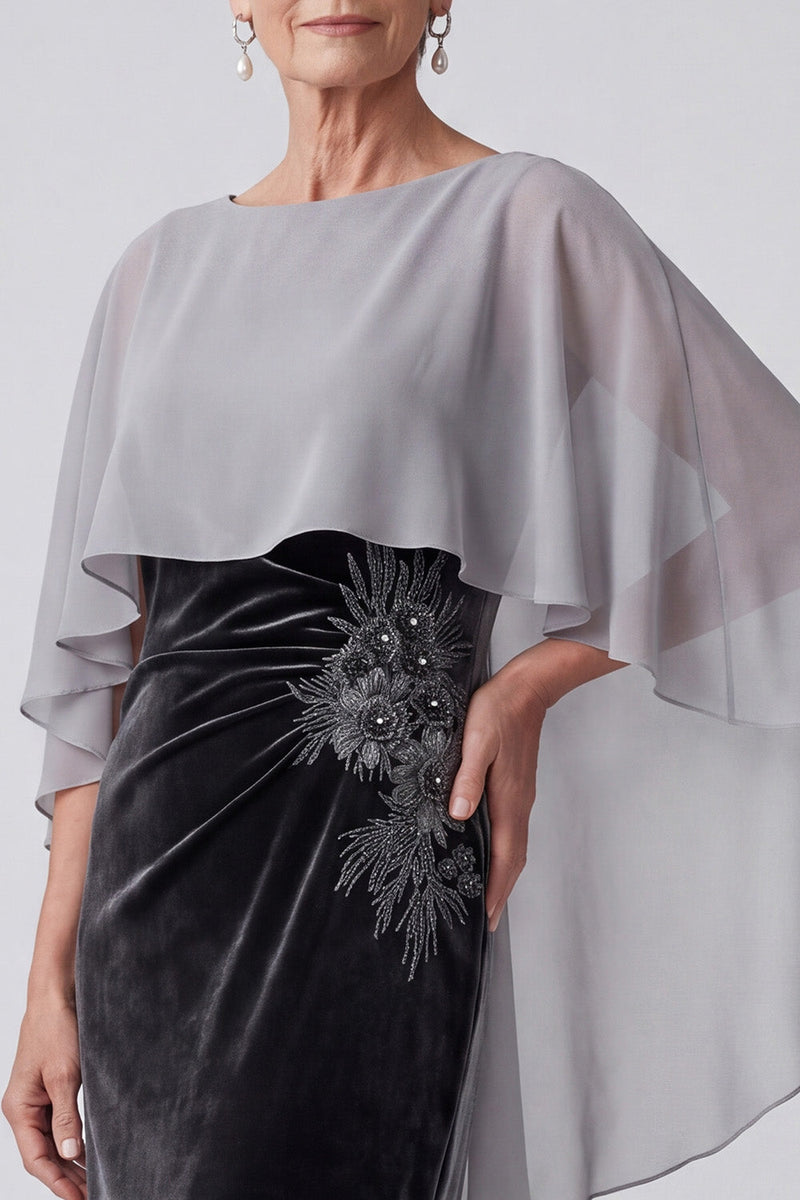 Load image into Gallery viewer, Black Velvet Sheath Sparkly Beaded Long 2 Piece Mother of the Bride Dress with Cape