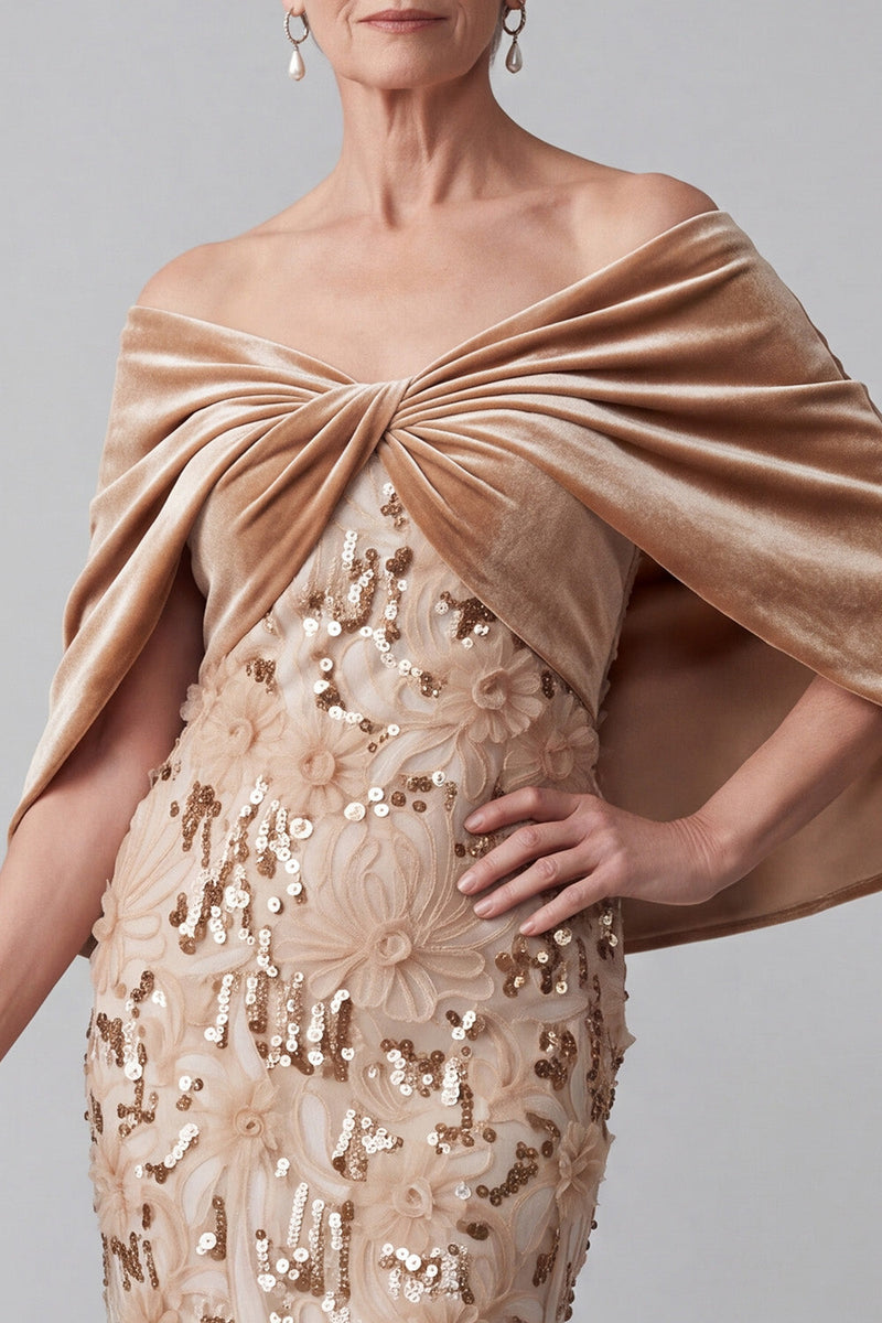 Load image into Gallery viewer, Sparkly Champagne Sequind Mermaid Long Mother of the Bride Dress with Cape