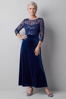 Load image into Gallery viewer, Sparkly Dark Blue Velvet A Line Beaded Long Mother of the Bride Dress with Sleeves