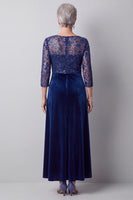 Load image into Gallery viewer, Sparkly Dark Blue Velvet A Line Beaded Long Mother of the Bride Dress with Sleeves