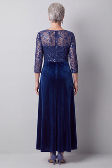Sparkly Dark Blue Velvet A Line Beaded Long Mother of the Bride Dress with Sleeves