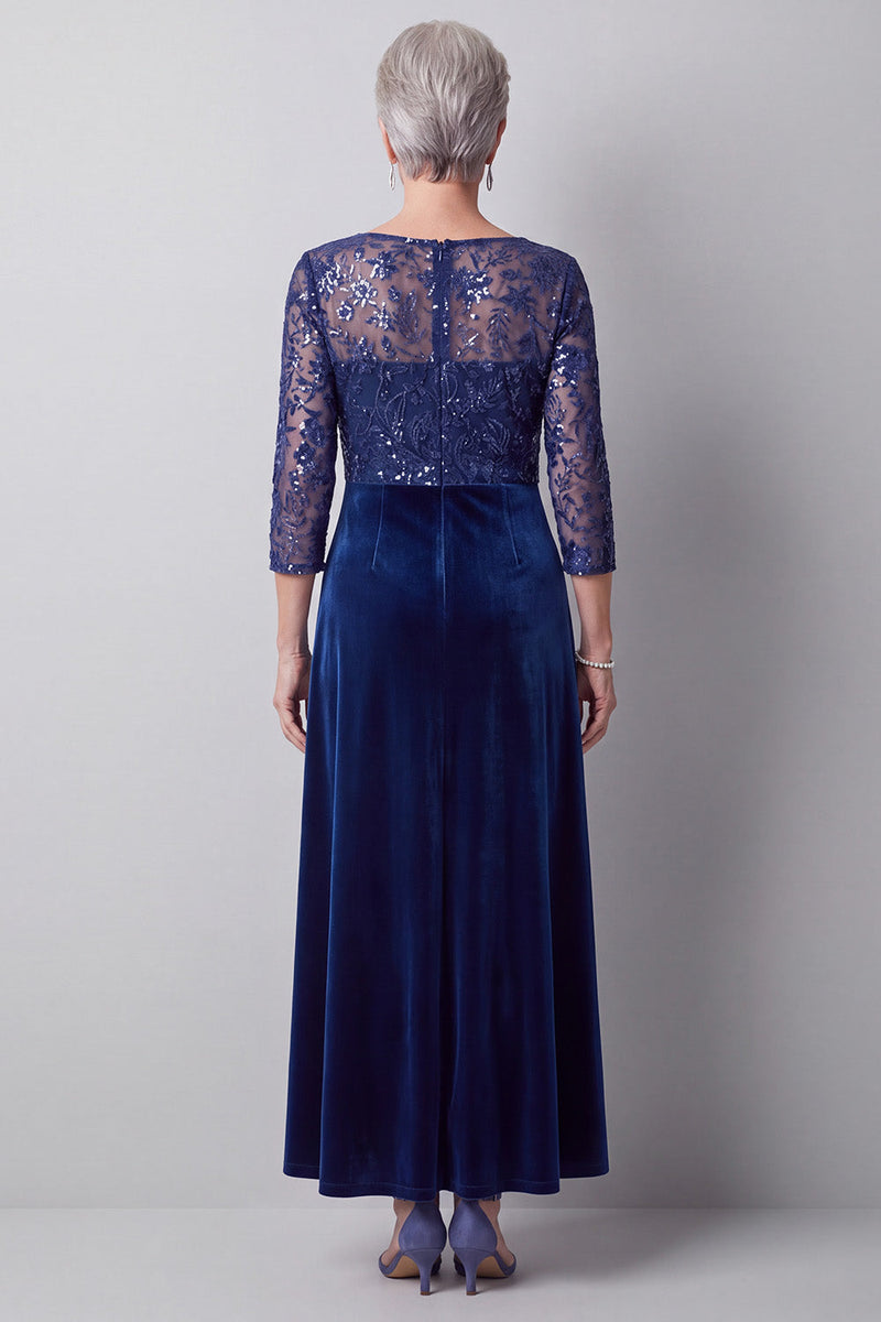 Load image into Gallery viewer, Sparkly Dark Blue Velvet A Line Beaded Long Mother of the Bride Dress with Sleeves