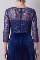 Load image into Gallery viewer, Sparkly Dark Blue Velvet A Line Beaded Long Mother of the Bride Dress with Sleeves