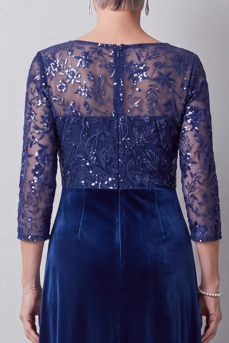 Load image into Gallery viewer, Sparkly Dark Blue Velvet A Line Beaded Long Mother of the Bride Dress with Sleeves
