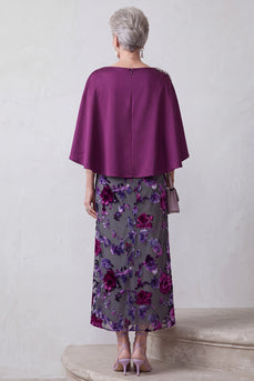 Fuchsia Floral Sparkly A Line 2 Piece Long Mother of the Bride Dress with Pocket