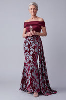 Load image into Gallery viewer, Velvet Burgundy Floral Mermaid Long Mother of the Bride Dress with Side Cape