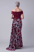 Load image into Gallery viewer, Velvet Burgundy Floral Mermaid Long Mother of the Bride Dress with Side Cape