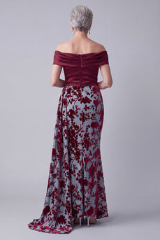 Velvet Burgundy Floral Mermaid Long Mother of the Bride Dress with Side Cape