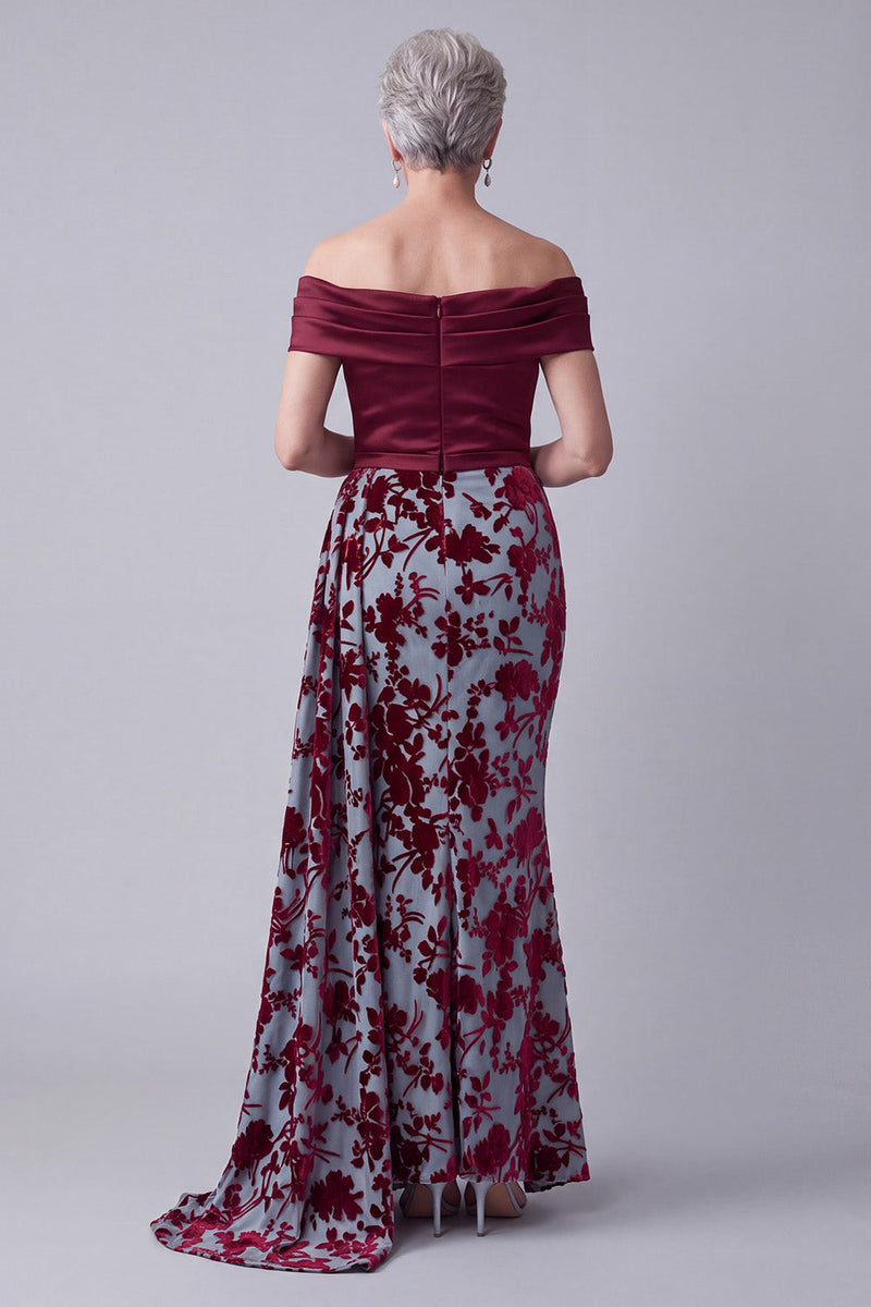 Load image into Gallery viewer, Velvet Burgundy Floral Mermaid Long Mother of the Bride Dress with Side Cape