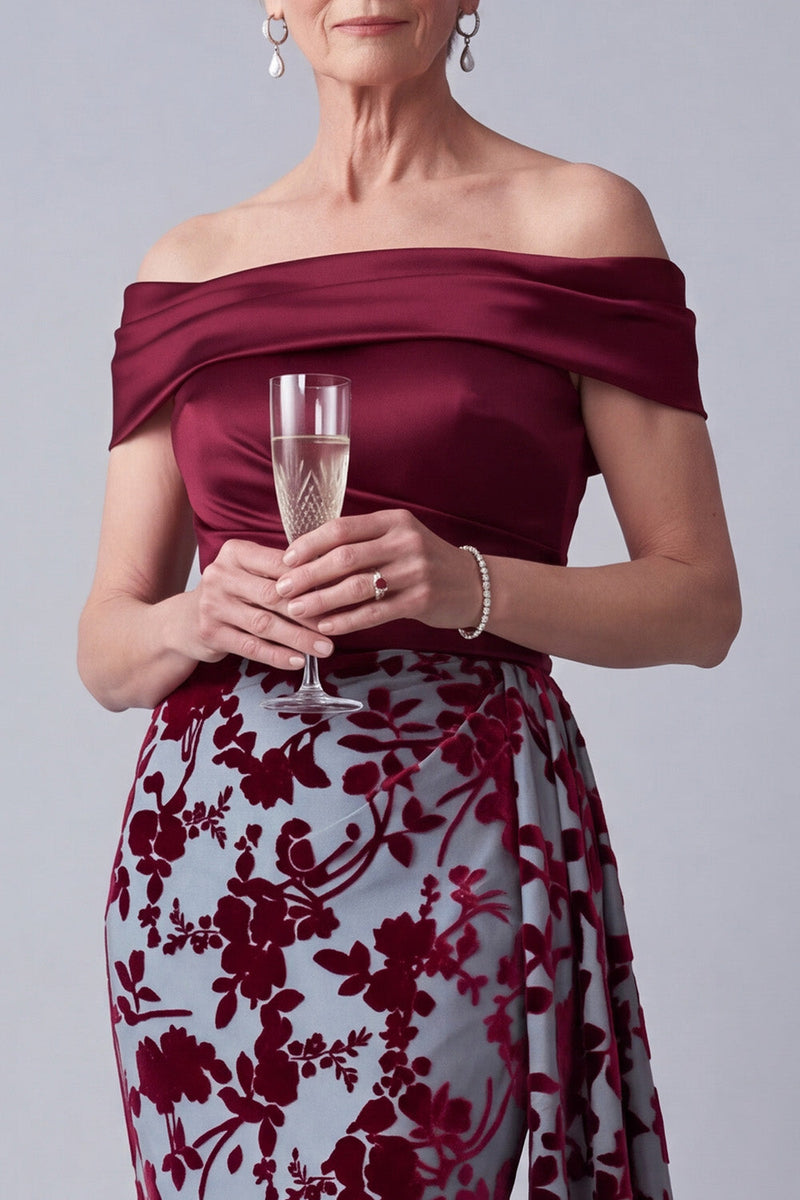 Load image into Gallery viewer, Velvet Burgundy Floral Mermaid Long Mother of the Bride Dress with Side Cape