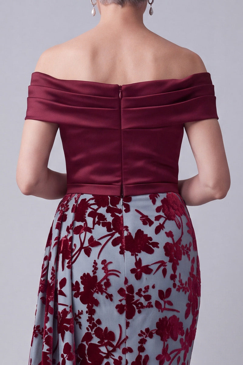 Load image into Gallery viewer, Velvet Burgundy Floral Mermaid Long Mother of the Bride Dress with Side Cape