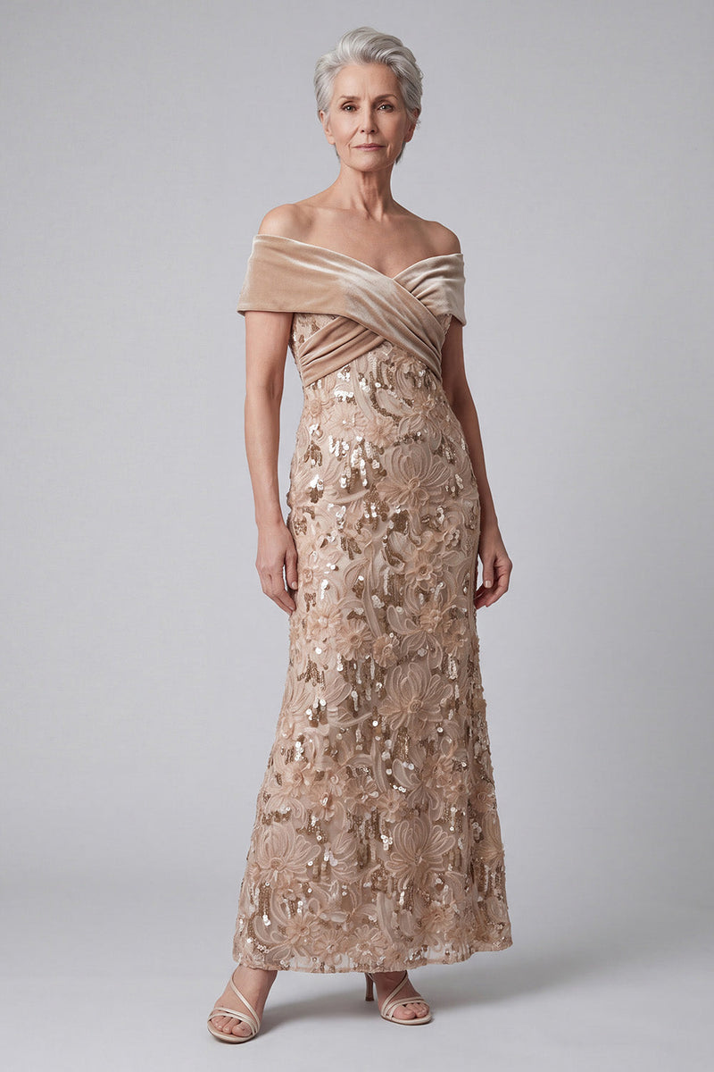 Load image into Gallery viewer, Sparkly Sequins Sheath Champagne Floral Long Mother of the Bride Dress