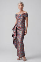 Load image into Gallery viewer, Grey Floral Ruffled Sheath Jacquard Long Mother of the Bride Dress with Slit