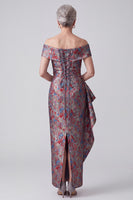 Load image into Gallery viewer, Grey Floral Ruffled Sheath Jacquard Long Mother of the Bride Dress with Slit