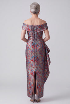 Grey Floral Ruffled Sheath Jacquard Long Mother of the Bride Dress with Slit