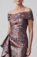 Load image into Gallery viewer, Grey Floral Ruffled Sheath Jacquard Long Mother of the Bride Dress with Slit