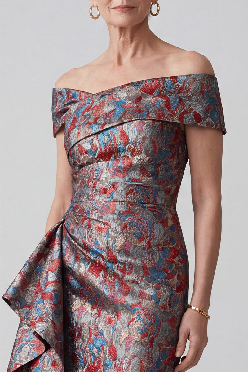 Load image into Gallery viewer, Grey Floral Ruffled Sheath Jacquard Long Mother of the Bride Dress with Slit