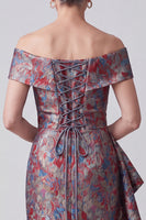Load image into Gallery viewer, Grey Floral Ruffled Sheath Jacquard Long Mother of the Bride Dress with Slit