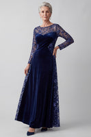 Load image into Gallery viewer, Sparkly Velvet Navy Boat Neck A Line Long Sleeves Mother of the Bride Dress