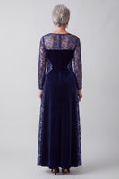 Load image into Gallery viewer, Sparkly Velvet Navy Boat Neck A Line Long Sleeves Mother of the Bride Dress