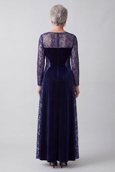 Sparkly Velvet Navy Boat Neck A Line Long Sleeves Mother of the Bride Dress