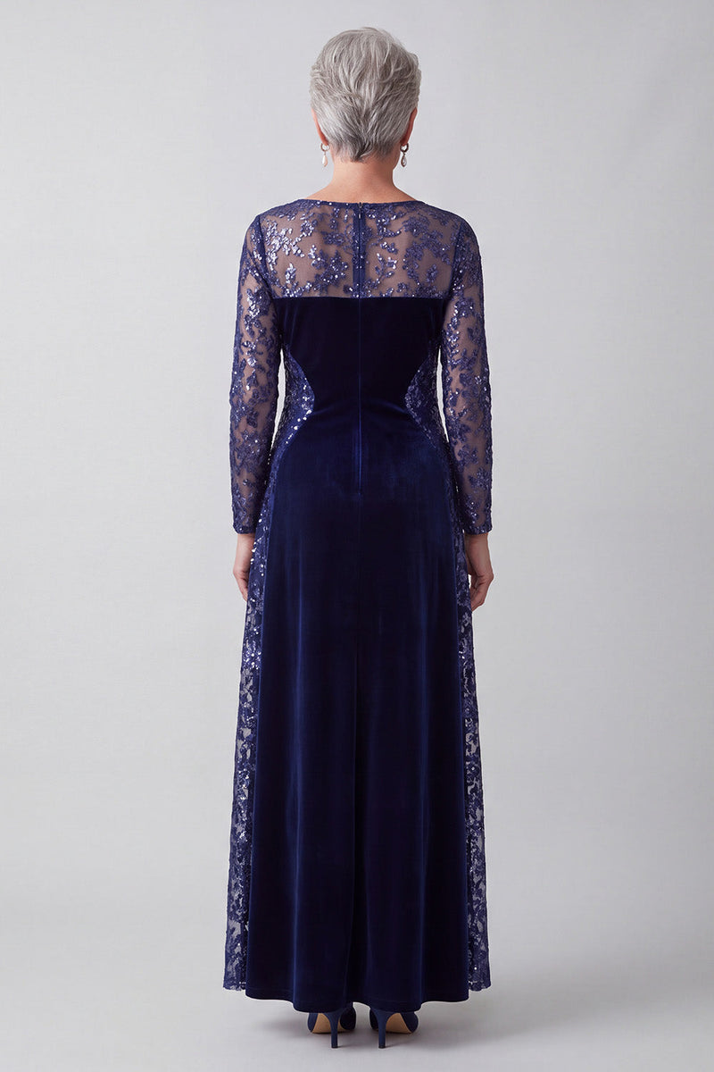 Load image into Gallery viewer, Sparkly Velvet Navy Boat Neck A Line Long Sleeves Mother of the Bride Dress