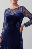Load image into Gallery viewer, Sparkly Velvet Navy Boat Neck A Line Long Sleeves Mother of the Bride Dress