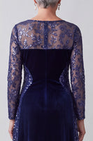 Load image into Gallery viewer, Sparkly Velvet Navy Boat Neck A Line Long Sleeves Mother of the Bride Dress