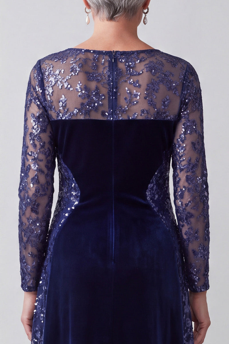 Load image into Gallery viewer, Sparkly Velvet Navy Boat Neck A Line Long Sleeves Mother of the Bride Dress