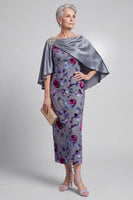 Load image into Gallery viewer, Grey Sheath 2 Piece Sparkly Velvet Floral Long Mother of the Bride Dress with Cape