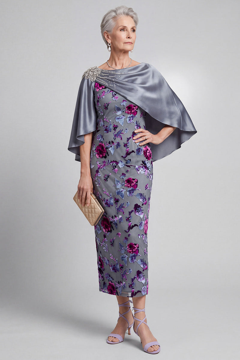 Load image into Gallery viewer, Grey Sheath 2 Piece Sparkly Velvet Floral Long Mother of the Bride Dress with Cape