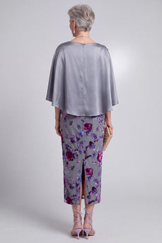 Grey Sheath 2 Piece Sparkly Velvet Floral Long Mother of the Bride Dress with Cape