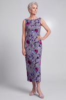Load image into Gallery viewer, Grey Sheath 2 Piece Sparkly Velvet Floral Long Mother of the Bride Dress with Cape