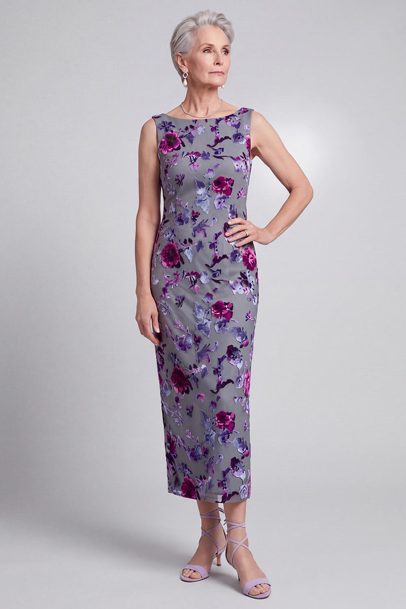 Load image into Gallery viewer, Grey Sheath 2 Piece Sparkly Velvet Floral Long Mother of the Bride Dress with Cape