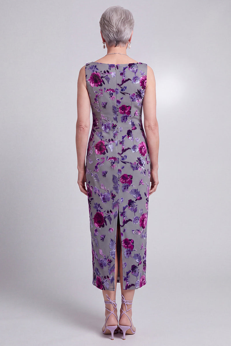 Load image into Gallery viewer, Grey Sheath 2 Piece Sparkly Velvet Floral Long Mother of the Bride Dress with Cape
