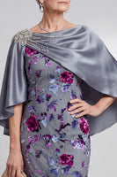 Load image into Gallery viewer, Grey Sheath 2 Piece Sparkly Velvet Floral Long Mother of the Bride Dress with Cape