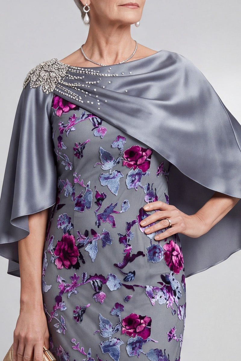 Load image into Gallery viewer, Grey Sheath 2 Piece Sparkly Velvet Floral Long Mother of the Bride Dress with Cape