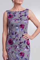 Load image into Gallery viewer, Grey Sheath 2 Piece Sparkly Velvet Floral Long Mother of the Bride Dress with Cape