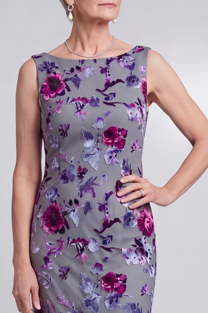 Load image into Gallery viewer, Grey Sheath 2 Piece Sparkly Velvet Floral Long Mother of the Bride Dress with Cape