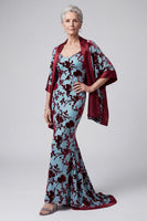 Load image into Gallery viewer, Floral Lake Blue Velvet Mermaid Long Mother of the Bride Dress with Jacket