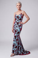 Load image into Gallery viewer, Floral Lake Blue Velvet Mermaid Long Mother of the Bride Dress with Jacket