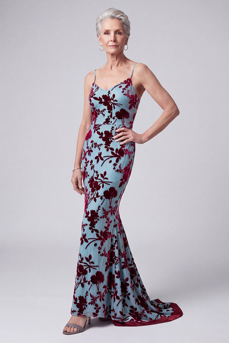 Load image into Gallery viewer, Floral Lake Blue Velvet Mermaid Long Mother of the Bride Dress with Jacket